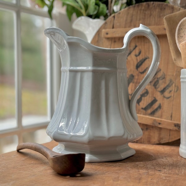 Antique Mid 19th Century White Octagon Shape Ironstone Pitcher Jug T & R Boote Pottery Burslem England 1851