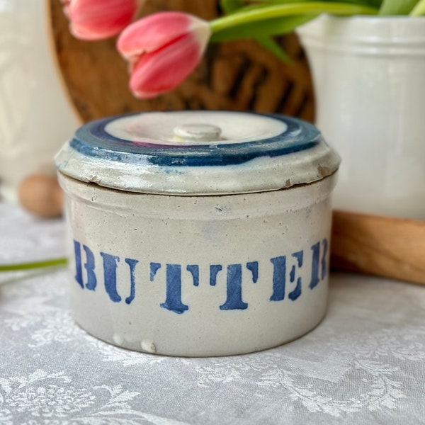 Antique Primitive Stoneware Butter Crock Gray & Blue Farmhouse Pottery Canister Jar