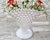 Hobnail Milk Glass Fenton Fan Vase Footed Crimped Ruffled Vase 6 Inch Vase