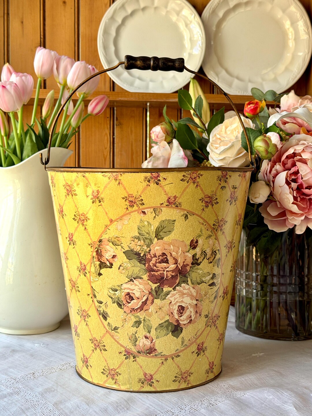 Vintage French Country Bucket Grandma Yellow Rose Flower Metal Pail ...
