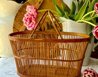 Vintage Bamboo Swing Handle Basket Tote Open Weave  Wood