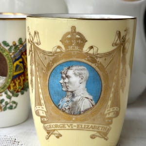 Vintage Yellow Royal Doulton Coronation Beaker Cup King George VI & Queen Elizabeth Profile May 12, 1937  Staffordshire England
