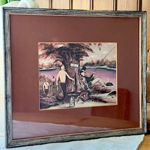 Vintage Framed Cahoon NO FISHING Print Cape Cod Sailor Folk Art Artist Mermaid