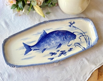 アンティーク ロイヤルボン・メーレム 大型魚用大皿 ドイツ製 青と白の陶器