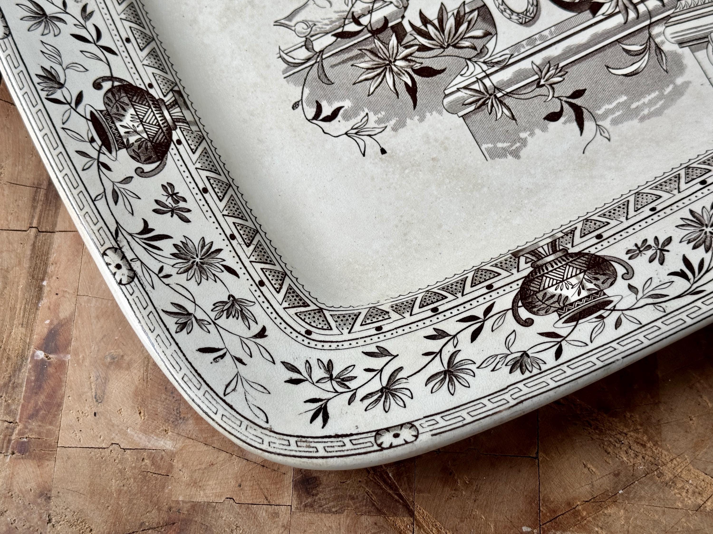 Antique Honfleur Brown Transferware Platter: 19th Century English
