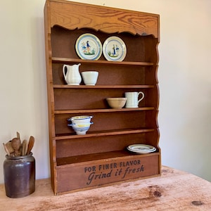 Vintage Large Primitive Handmade Wood Wall Coffee Bar Pantry Cabinet 5 Shelf Farmhouse Kitchen Storage &quot;For Finer Flavor Grind It Fresh&quot;