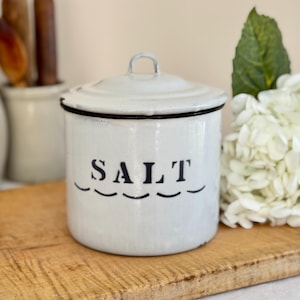 Vintage White Emailleware Black Trim Salz Box Kanister Lagerung