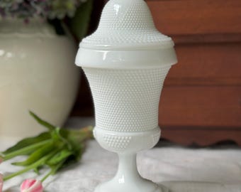 Vintage Smith Hobnail Milk Glass Apothecary Jar Urn With Lid Footed Pedestal Canister Jar  Wedding Centerpiece Decor