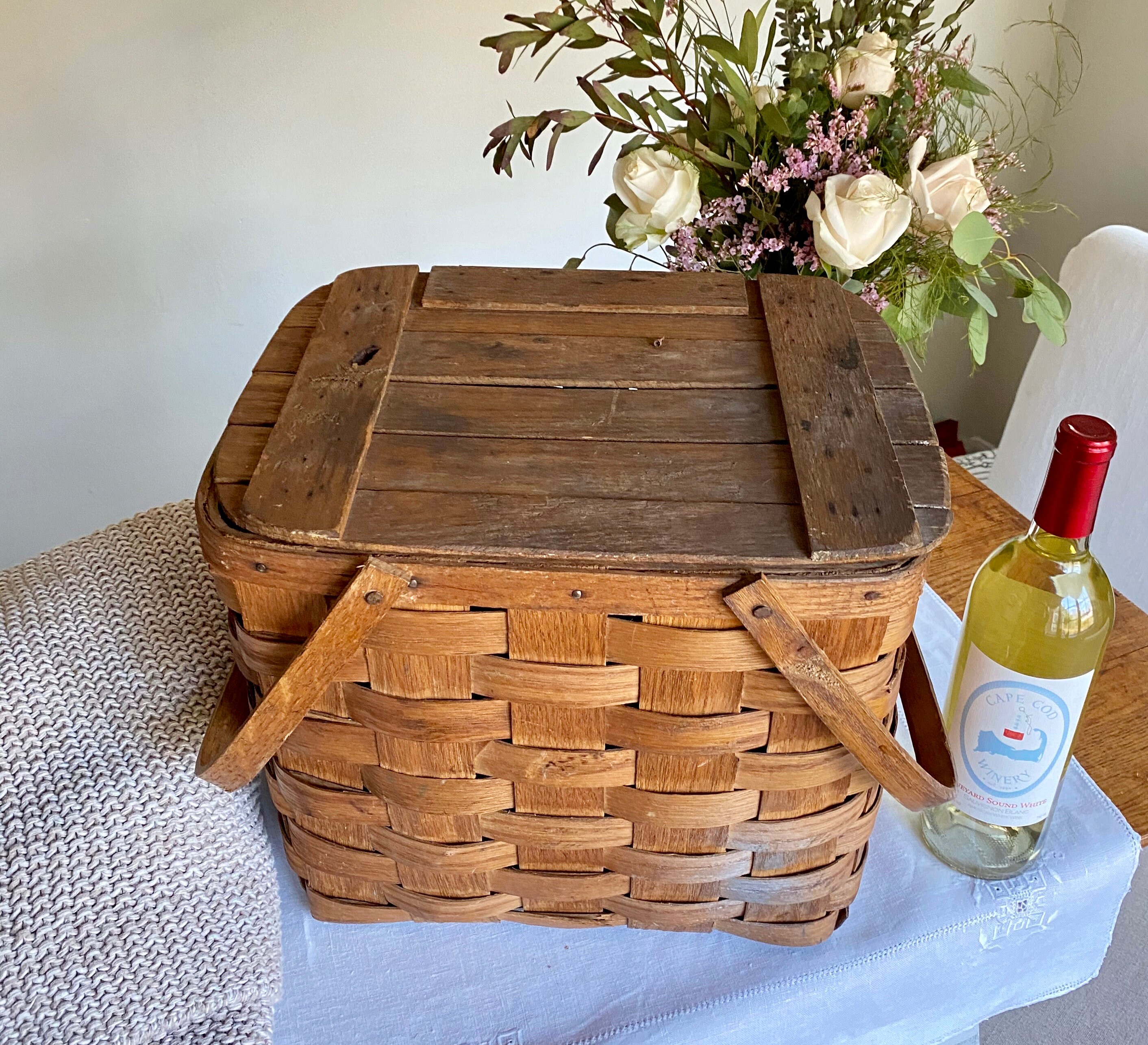 Antique Split Wood Picnic Basket Woven Rustic Market Basket Etsy