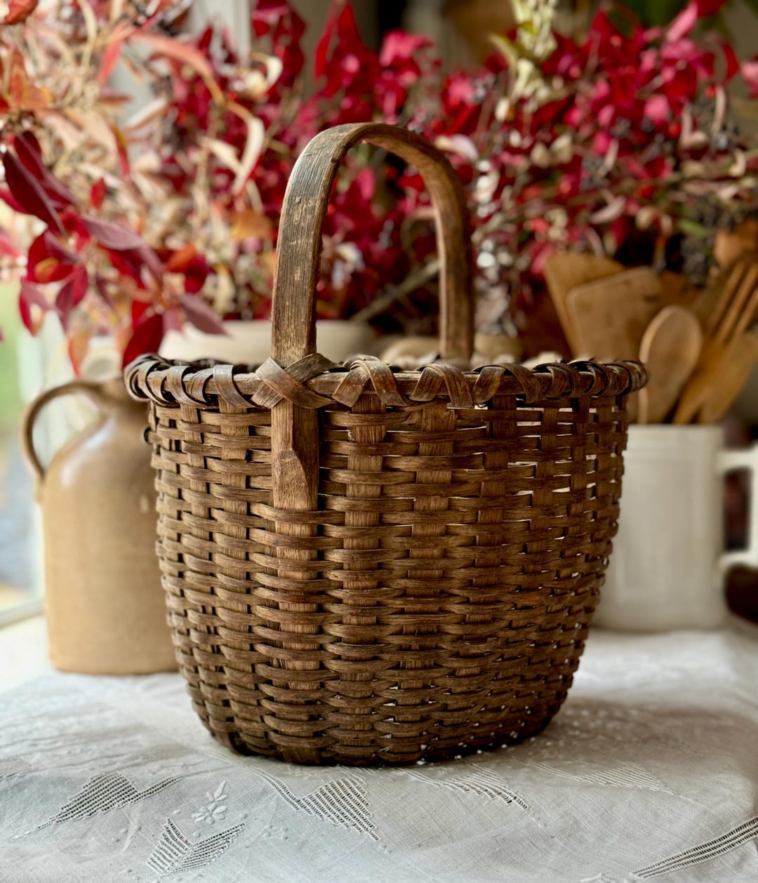 Antique 19th Century Old Woven Splint Wood Harvest Gathering Basket ...
