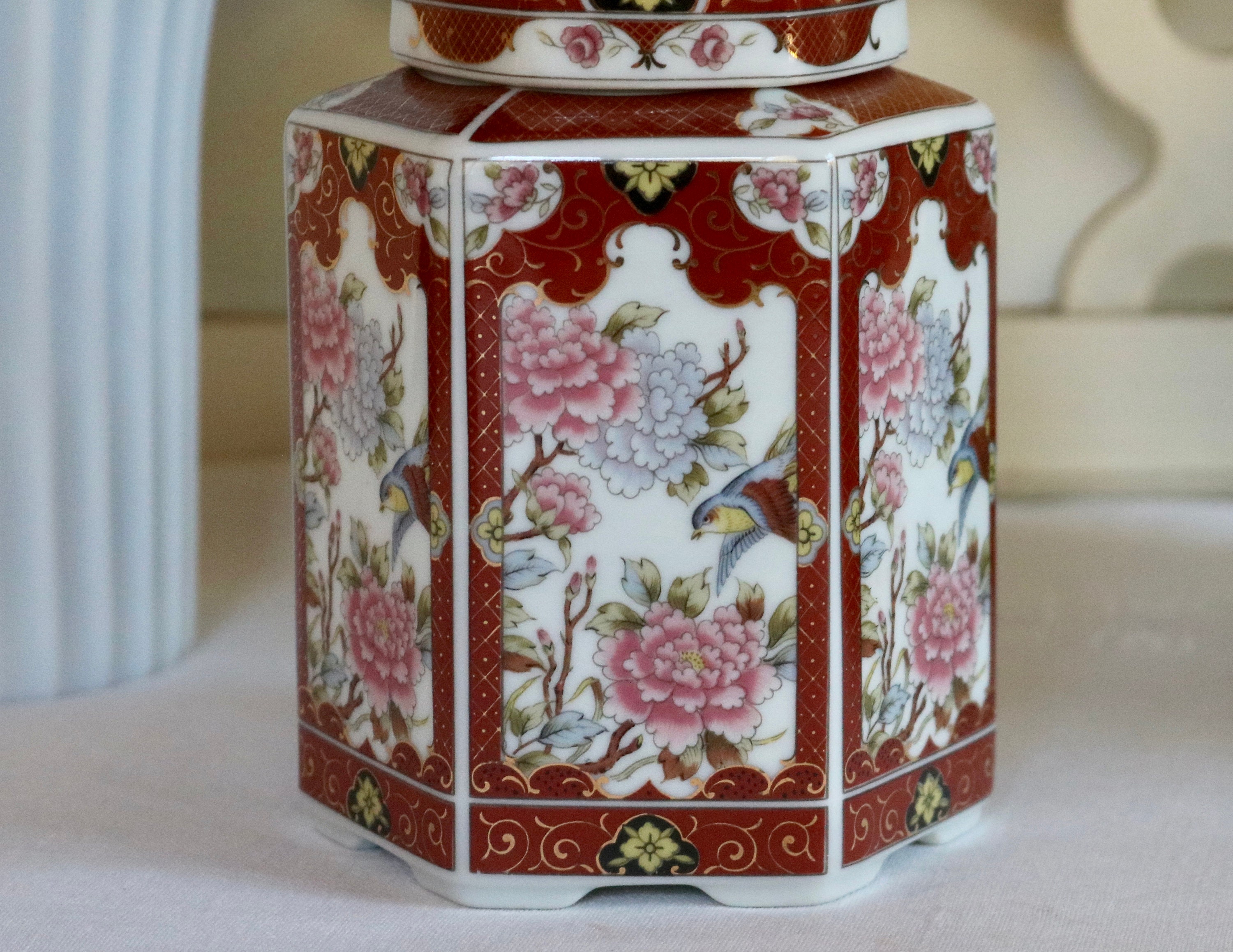 Vintage Hexagonal Ginger Jar Vase Oriental Garden Birds Prunus Etsy