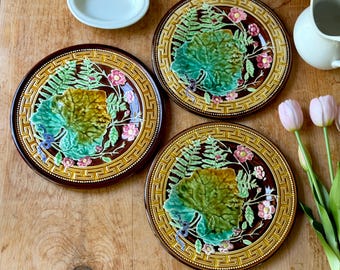 Antique French Majolica Pottery Plates Choisy Le Rio Set Of 3 Ferns Fruit Blossoms Leaf Made In France Circa 1900