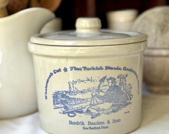 Vintage Stoneware Crock With Lid Hendrik, Daarlem & Sons New Bedford Massachusetts Whalerman's Cut Fine Turkish Cigars Storage Canister