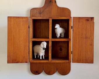 Vintage Handmade Pine Wood Wall Cabinet Cubbies Farmhouse Primitive Kitchen Storage Scalloped Edge