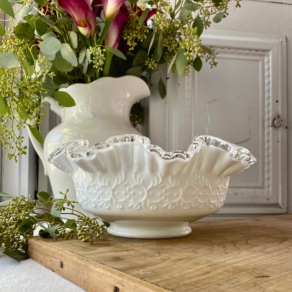 Fenton Milk Glass Spanish Lace Footed Bowl Silver Crest Wedding Centerpiece Vase Decor Crimped Ruffled Edge Embossed Owl