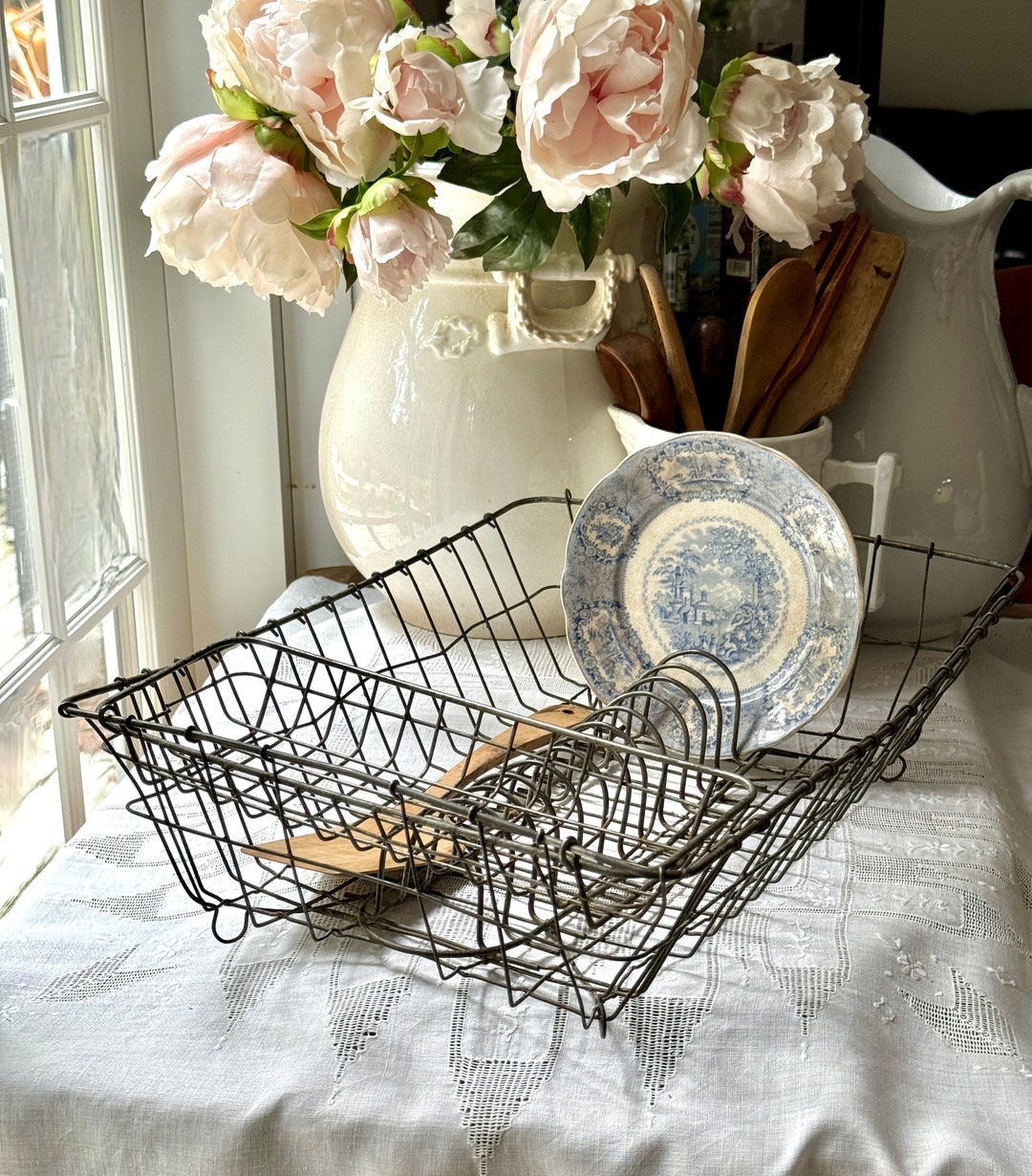 Antique Primitive Large Metal Wire Dish Drying Rack Plate Display Stand ...