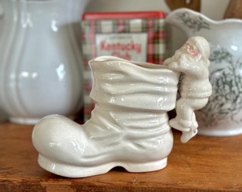 Vintage White Santa Claus Hanging On Boot Candy Container Small Planter Ceramic Christmas Vase Decor