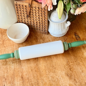 Antique 1920's Large Imperial Green Wood & Milk Glass Rolling Pin Primitive Farmhouse Baking Tool  Cambridge Ohio
