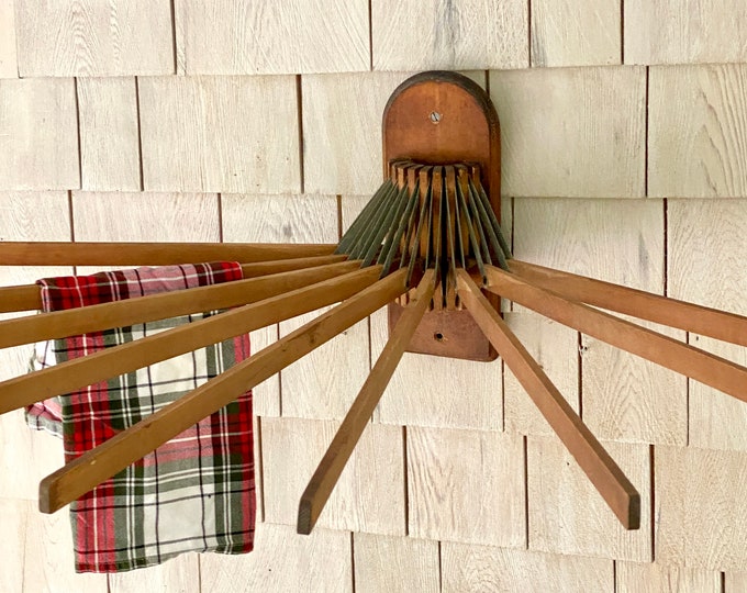 Antique Wood Clothes Drying Rack BOOTH Wall Mounted Expandable Upward
