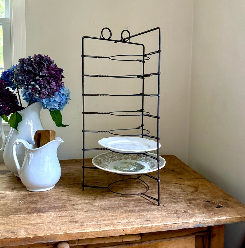 Antique Primitive Tall Metal Wire Pie Stand Cooling Rack Twist Display Piece Plate Rack Rustic Industrial Farmhouse Table image 1