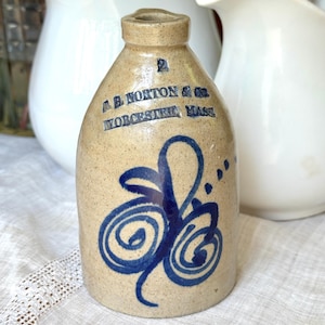 Vintage Miniature Stoneware Pottery Jug FB Norton Co. Worcester Massachusetts Cobalt Blue Floral Leaf Design Crock 1980 Sampson Reproduction