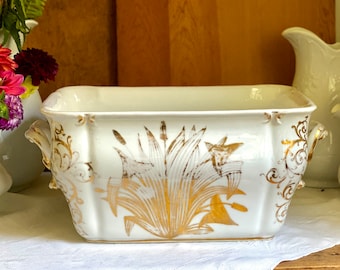 Antique Heavy White Porcelain Foot Bath Double Handles Gold Scrolls Cattails Reeds Wash Tub Planter