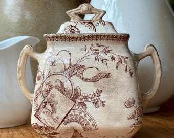Antike gealterte braune Keramik Transferware ""Tennyson"" Zuckerdose New Wharf Pottery Co. Staffordshire England Ästhetische Blumen Braun Patina."
