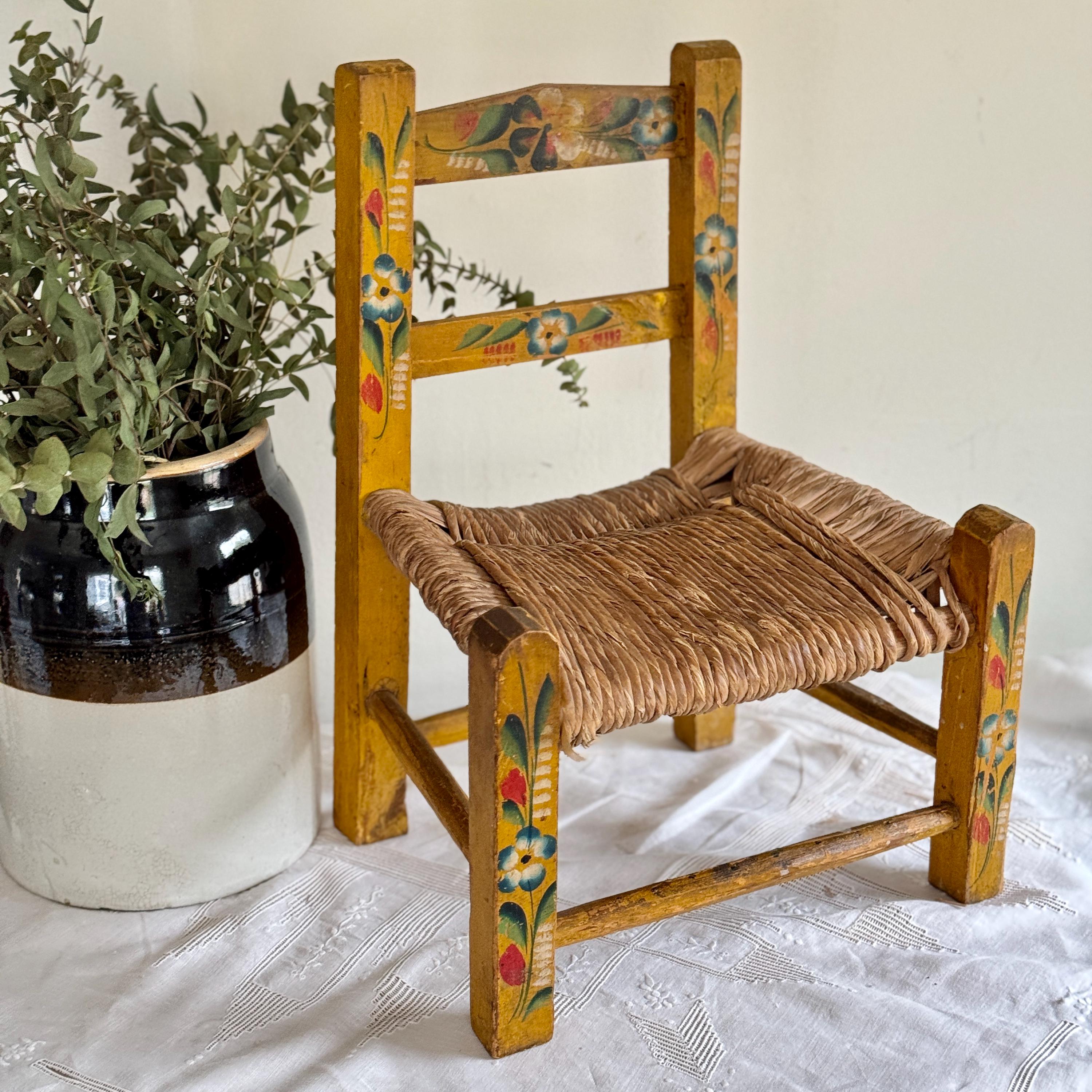Vintage Small Gold Folk Art Painted Wood Childs Chair With Rush