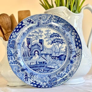 Antique Blue & White Castle Ruins Landscape Dinner Plate Mid Nineteenth Century Staffordshire England