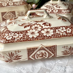 May include: Cream-colored ceramic serving dish with a brown floral pattern. The rectangular dish has a lid with a handle and is decorated with flowers and leaves. Additional serving dishes are visible in the background.