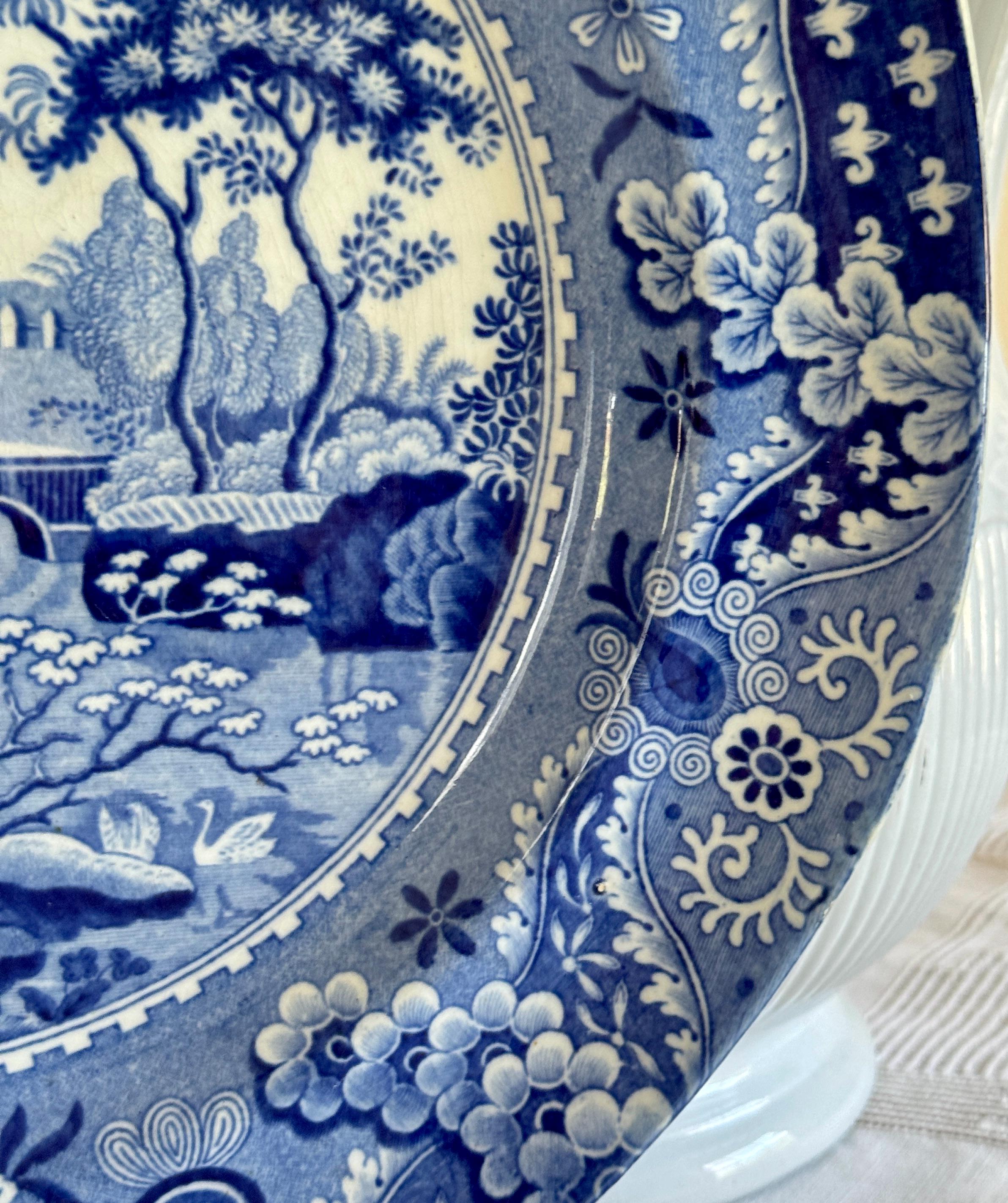 Antique Blue & White Castle Ruins Landscape Dinner Plate Mid