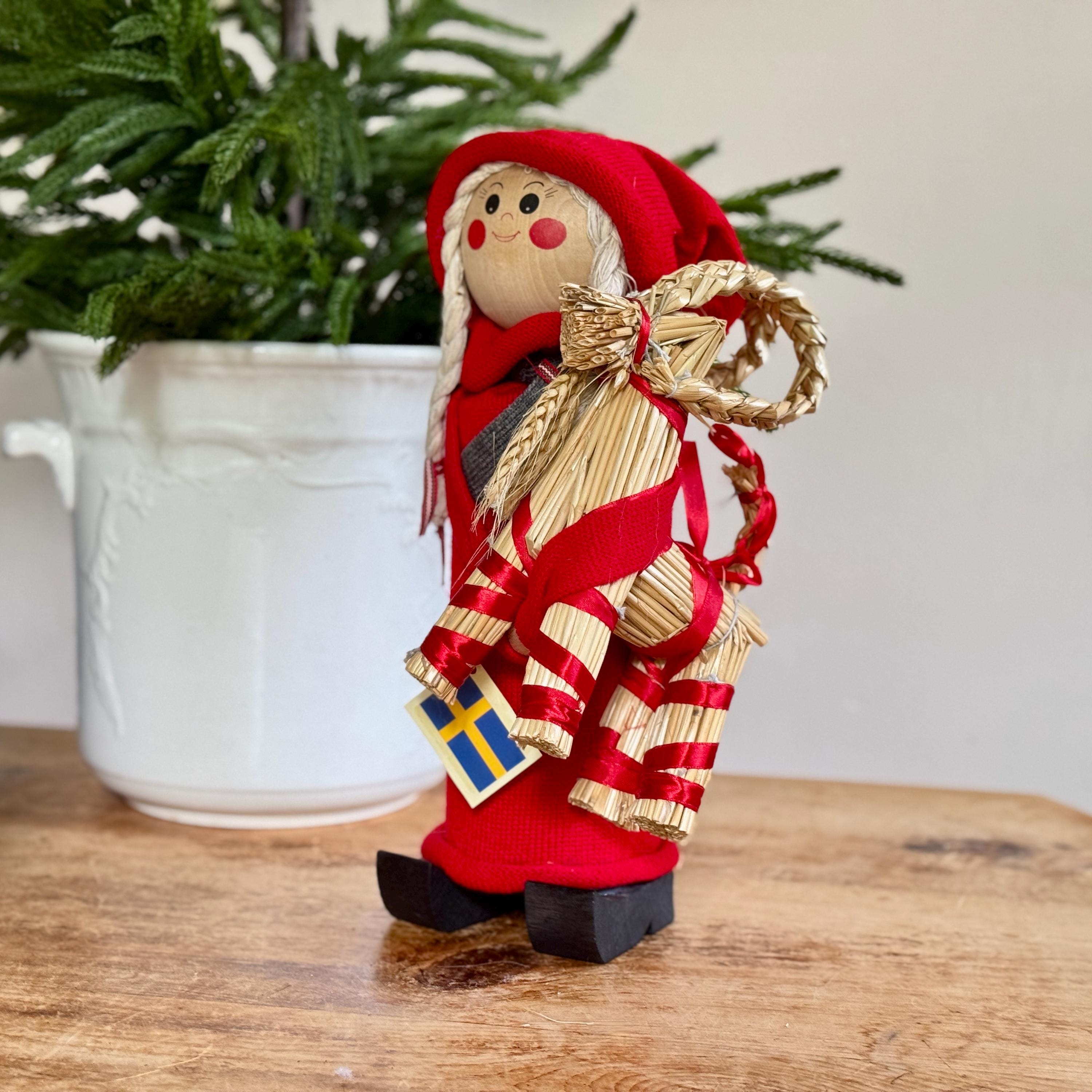 Vintage Large Handcrafted Swedish Santa Girl: Tomte With Reindeer