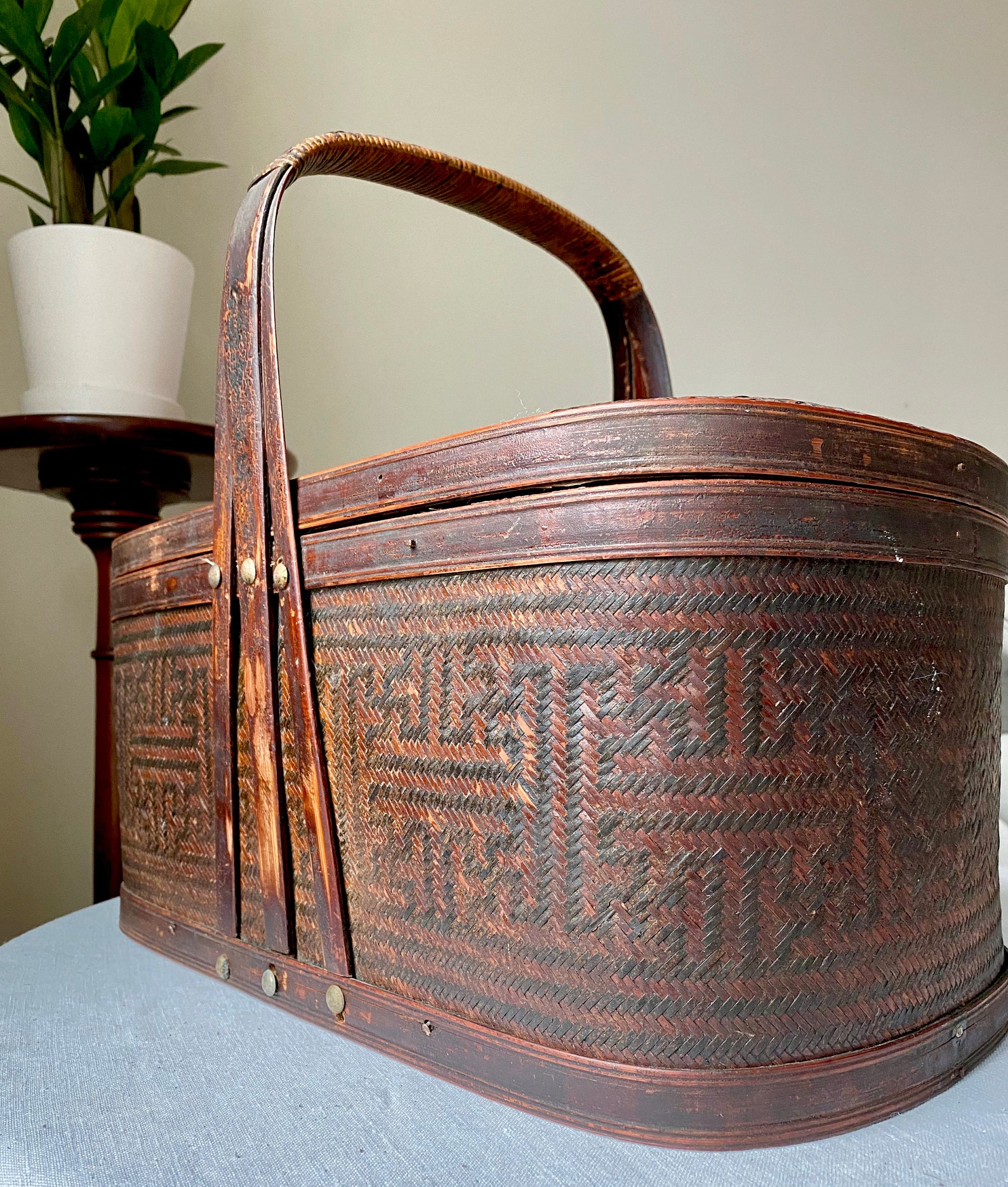 Antique Chinese Food Basket Woven Rattan & Bamboo Geometric Etsy