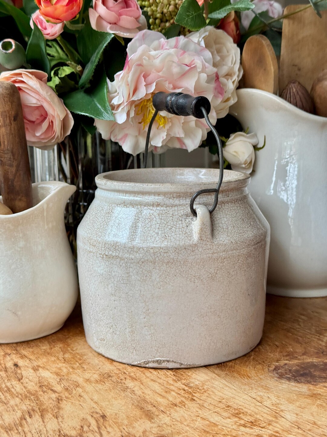 Antique Stained Stoneware Fruit Jar Crock Wire & Wood Handle Storage ...
