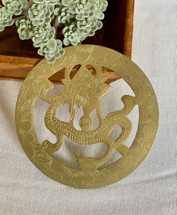 Vintage Brass Chinese Dragon Trivet Floral Blossom Plant Stand Etsy