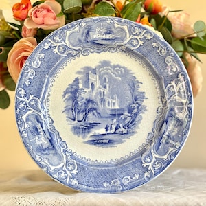 Antique E. Challinor PRIORY Blue & White Transferware Dinner Plate Mid Nineteenth Century Castle Ruins River Landscape Staffordshire England