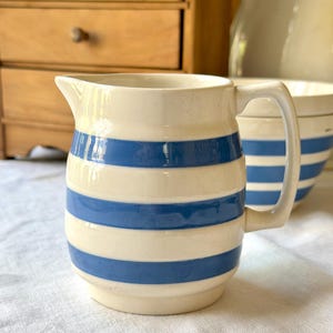 Vintage English Staffordshire Chef Ware Blue & White Bands Stripe Pottery Pitcher Jug