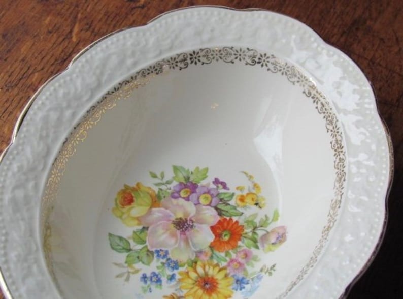 Knowles Flower Garden Vegetable Bowl Cream Color Floral Embossed Rim Gold Trim Oval Serving Bowl Edwin M
