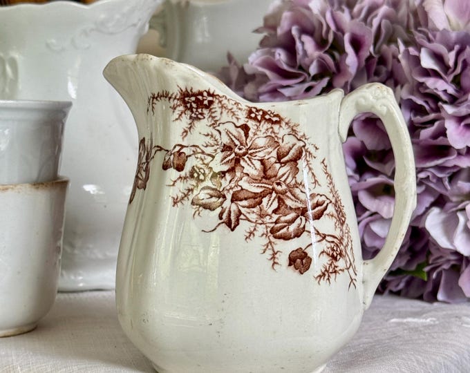 Antique Ironstone Pitcher Jug Colonial Pottery CLIFFORD Brown & White ...