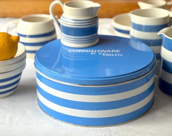 Vintage TG Green Cornishware Cake Cookie Tin Blue & White Bands Stripes England