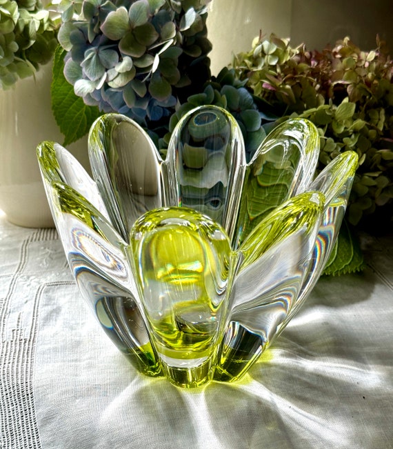 Large Orrefors Crystal Mayflower Bowl: Yellow Lime Scandinavian
