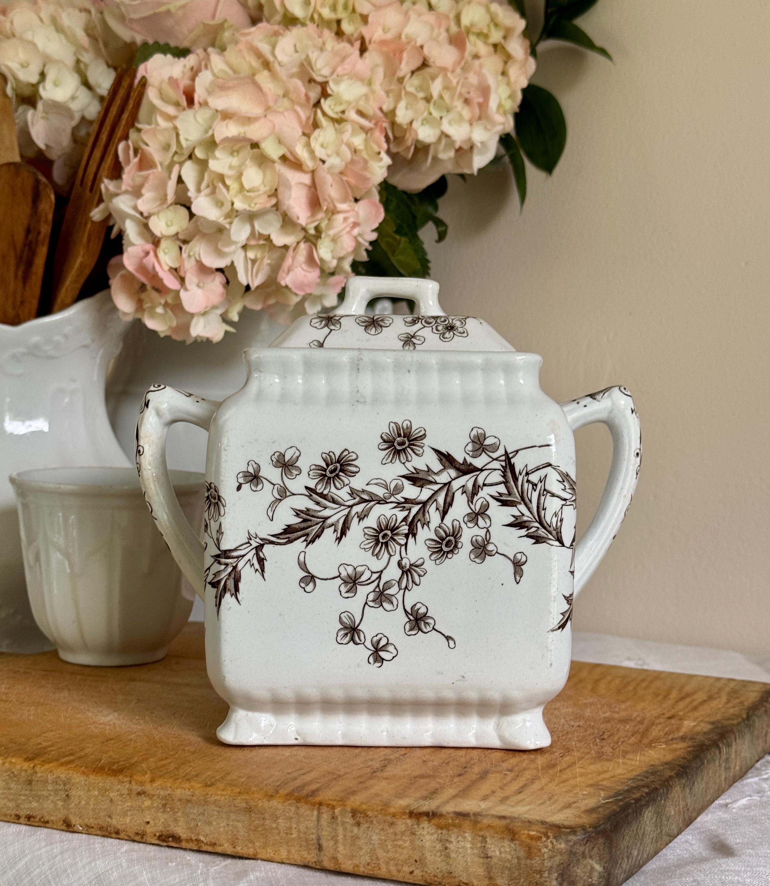 イギリス製　KLEEN アンティーク　シュガー&フラワー Antique Brown Transferware Sugar Jar: Rose & Daisy, Wallis Gimson