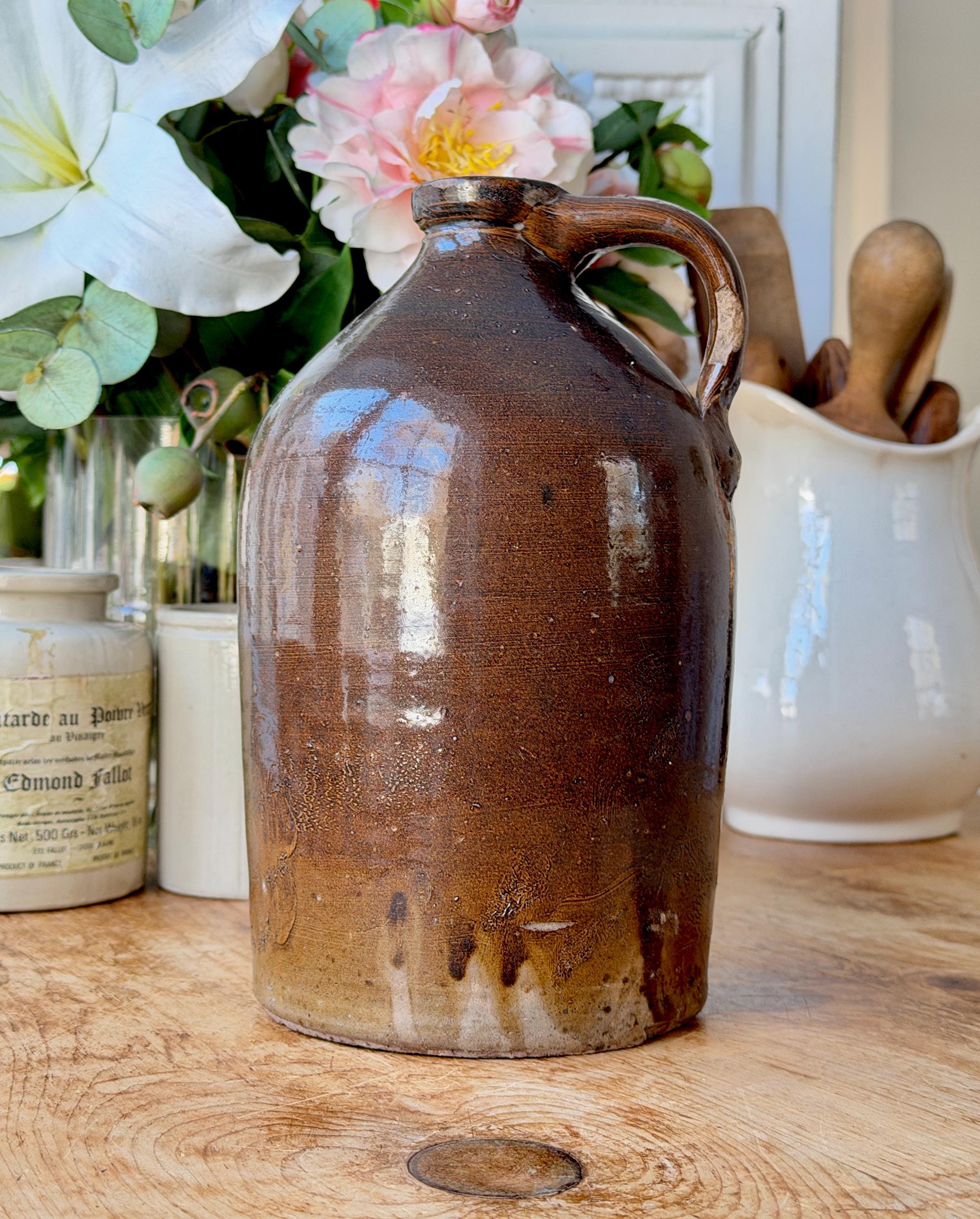 Antique Primitive Large Jug Dark Brown Albany Slip Salt Glaze