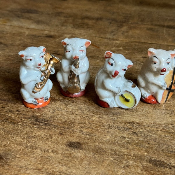Cute Little Pig Band Instrument Quartet Farm Animals Japan Set Of 4 Country Farmhouse Decor Saxophone, Trumpet, Drum, Cello