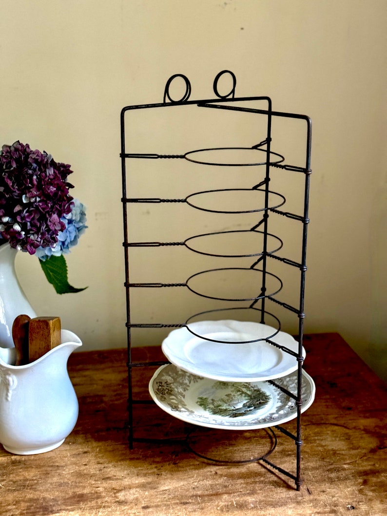 Antique Primitive Tall Metal Wire Pie Stand Cooling Rack Twist Display Piece Plate Rack Rustic Industrial Farmhouse Table image 3