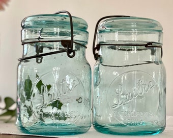 Vintage Aqua Blue Pint Mason Jars: R.E Tongue Lustre Jars, Set of 2