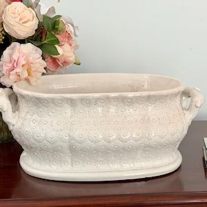 May include: An oval-shaped white ceramic planter featuring a raised floral pattern across its exterior surface. The vessel includes two side handles shaped like animal heads and rests on a flat, oval base. The finish is glossy and off-white.