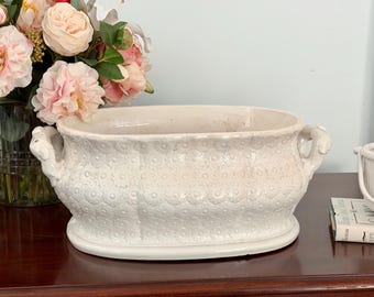 Antique White Ironstone DAISY Flower Foot Bath Acanthus Leaf Side Handles Embossed Wash Tub Planter Ridgway Staffordshire England