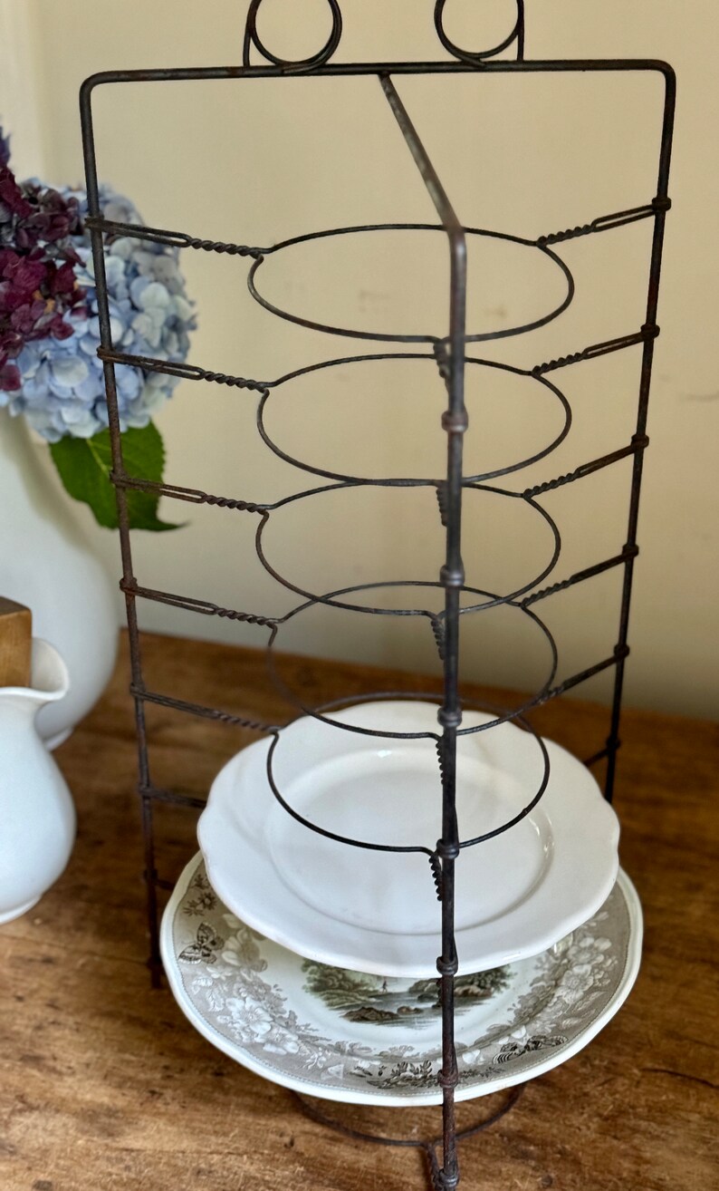 Antique Primitive Tall Metal Wire Pie Stand Cooling Rack Twist Display Piece Plate Rack Rustic Industrial Farmhouse Table image 7