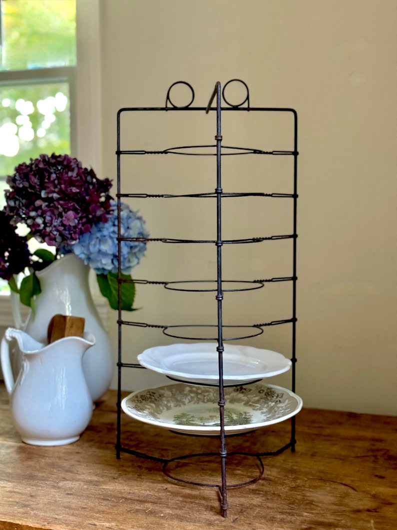 Antique Primitive Tall Metal Wire Pie Stand Cooling Rack Twist Display Piece Plate Rack Rustic Industrial Farmhouse Table image 9